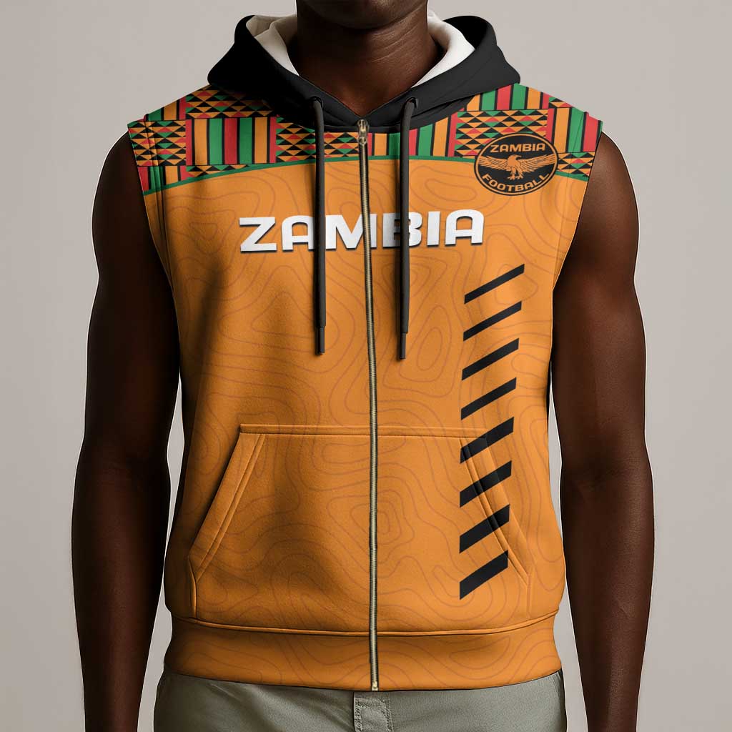 Custom Zambia Football Sleeveless Zip Hoodie Copper Queens Kente Pattern - African Pride