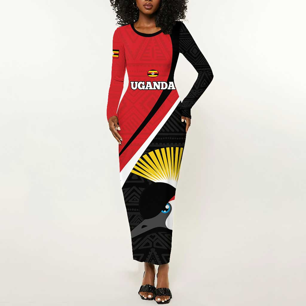 Afro Uganda Rugby Custom Long Sleeve Bodycon Dress Go Cranes - African Pattern LT14
