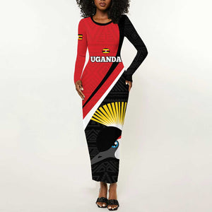 Afro Uganda Rugby Custom Long Sleeve Bodycon Dress Go Cranes - African Pattern LT14