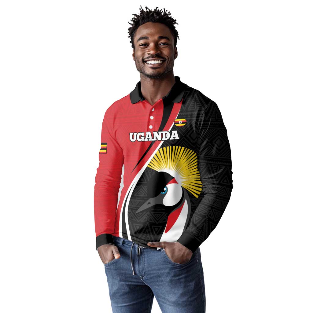 Afro Uganda Rugby Custom Long Sleeve Polo Shirt Go Cranes - African Pattern