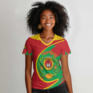 Cape Verde 1975-1992 Women V-Neck T-Shirt Coat Of Arms Grunge Style