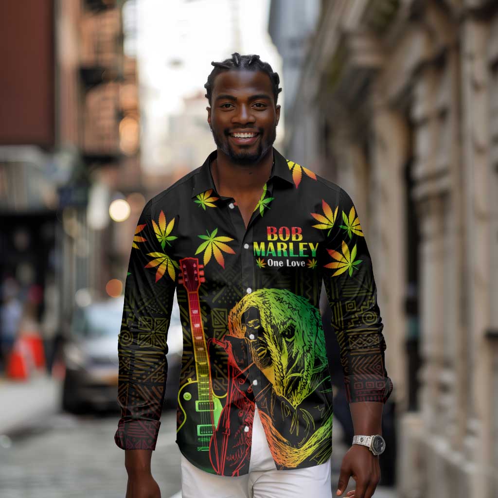 Afro Jamaica Legend Bob Day Long Sleeve Button Shirt One Love Jamaican Reggae African Pattern