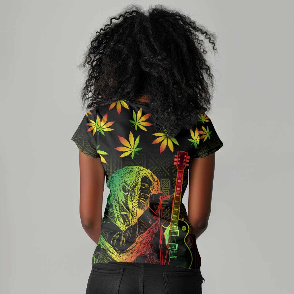 Afro Jamaica Legend Bob Day Women V-Neck T-Shirt One Love Jamaican Reggae African Pattern