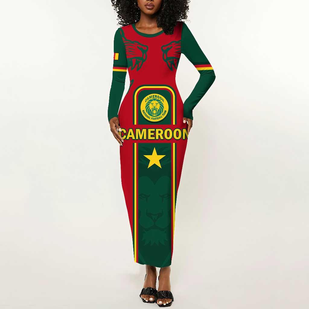 Custom Cameroon Football Long Sleeve Bodycon Dress 2024 African Nations Go Champions Lion Style LT14