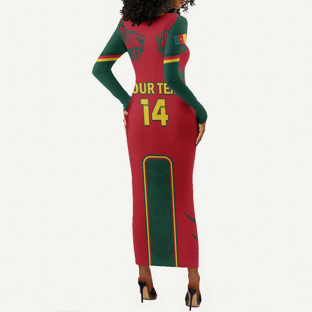 Custom Cameroon Football Long Sleeve Bodycon Dress 2024 African Nations Go Champions Lion Style LT14