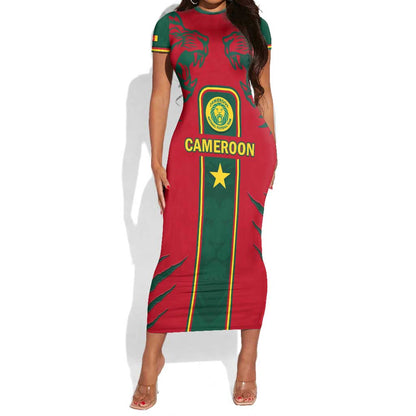 Custom Cameroon Football Short Sleeve Bodycon Dress 2024 African Nations Go Champions Lion Style LT14