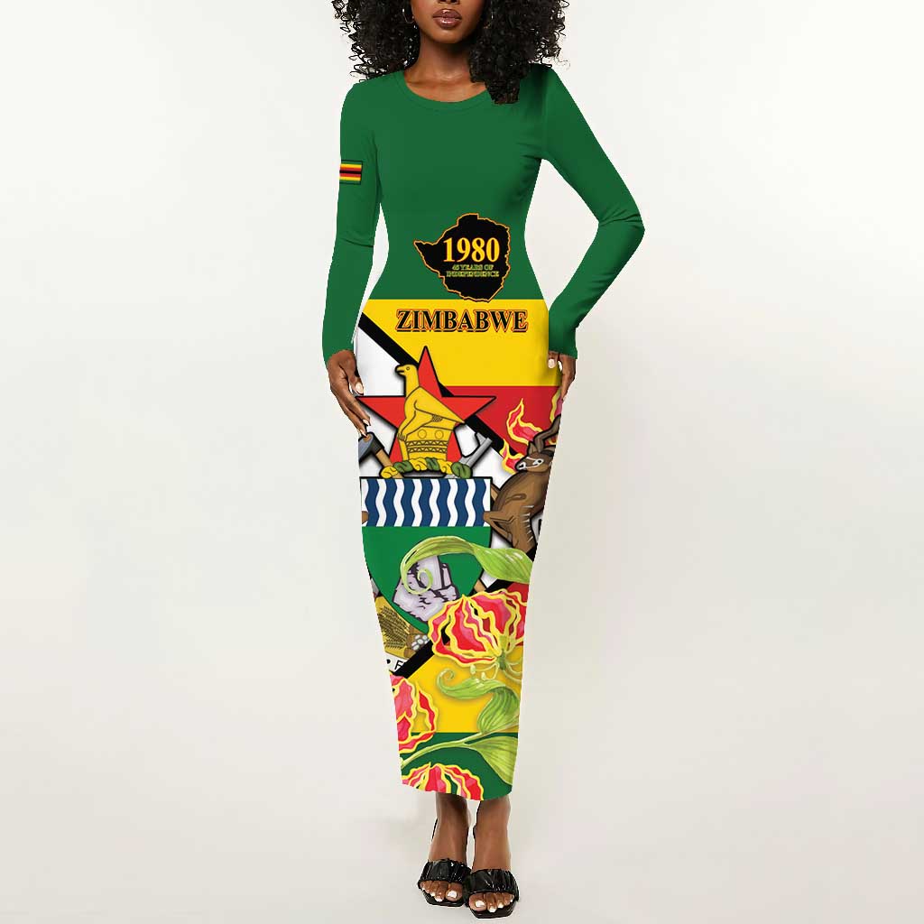 Nyika yeZimbabwe Long Sleeve Bodycon Dress Happy Independence Day - Flame Lily Flowers LT14