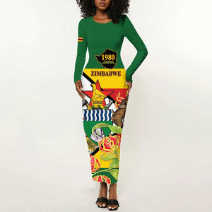 Nyika yeZimbabwe Long Sleeve Bodycon Dress Happy Independence Day - Flame Lily Flowers LT14