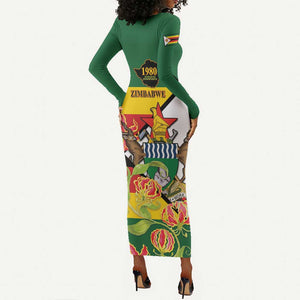 Nyika yeZimbabwe Long Sleeve Bodycon Dress Happy Independence Day - Flame Lily Flowers LT14