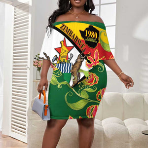 Nyika yeZimbabwe Off Shoulder Short Dress Happy Independence Day - Flame Lily Flowers