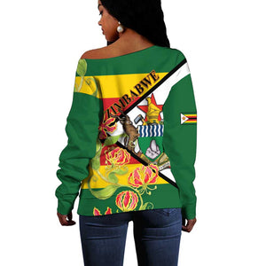 Nyika yeZimbabwe Off Shoulder Sweater Happy Independence Day - Flame Lily Flowers