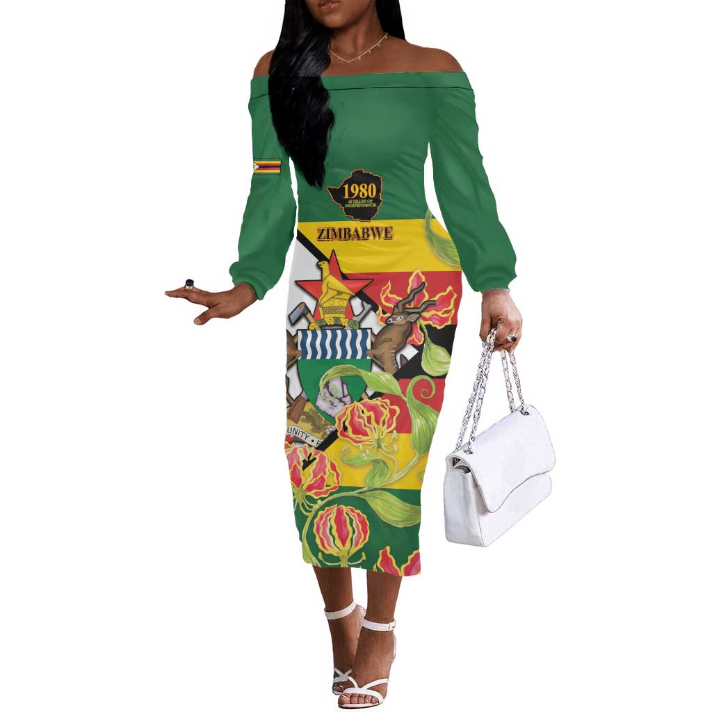Nyika yeZimbabwe Off The Shoulder Long Sleeve Dress Happy Independence Day - Flame Lily Flowers