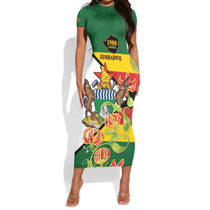 Nyika yeZimbabwe Short Sleeve Bodycon Dress Happy Independence Day - Flame Lily Flowers LT14