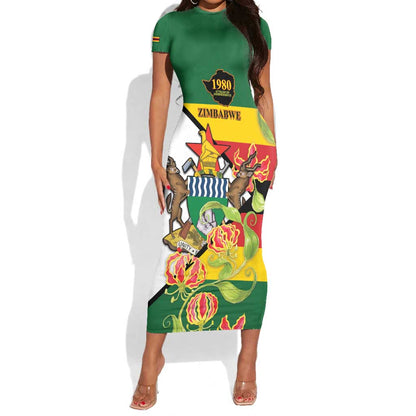 Nyika yeZimbabwe Short Sleeve Bodycon Dress Happy Independence Day - Flame Lily Flowers LT14