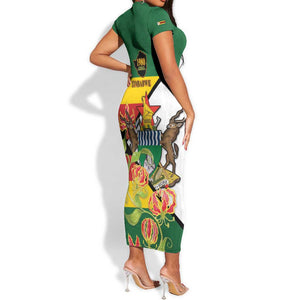 Nyika yeZimbabwe Short Sleeve Bodycon Dress Happy Independence Day - Flame Lily Flowers LT14