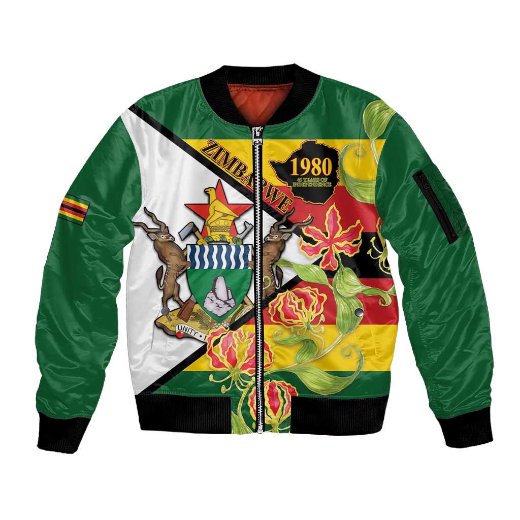 Nyika yeZimbabwe Sleeve Zip Bomber Jacket Happy Independence Day - Flame Lily Flowers