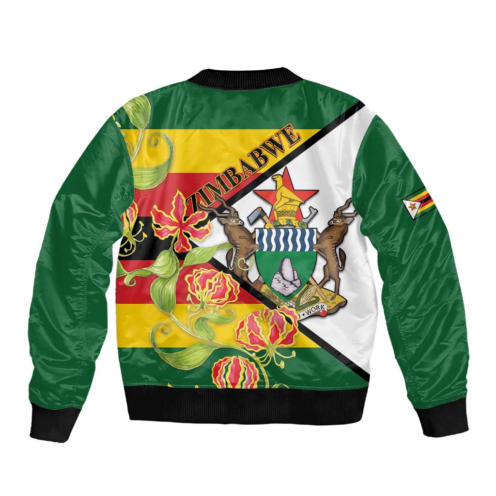 Nyika yeZimbabwe Sleeve Zip Bomber Jacket Happy Independence Day - Flame Lily Flowers