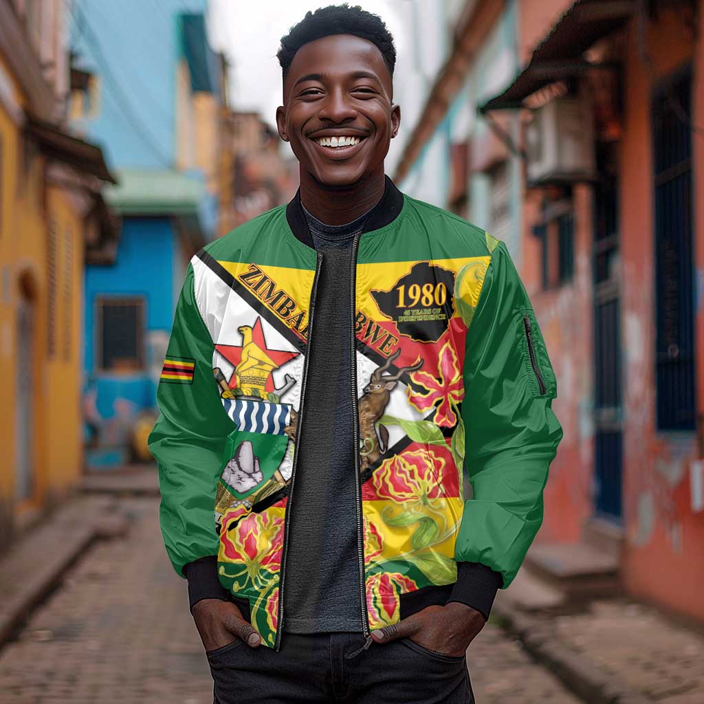 Nyika yeZimbabwe Sleeve Zip Bomber Jacket Happy Independence Day - Flame Lily Flowers