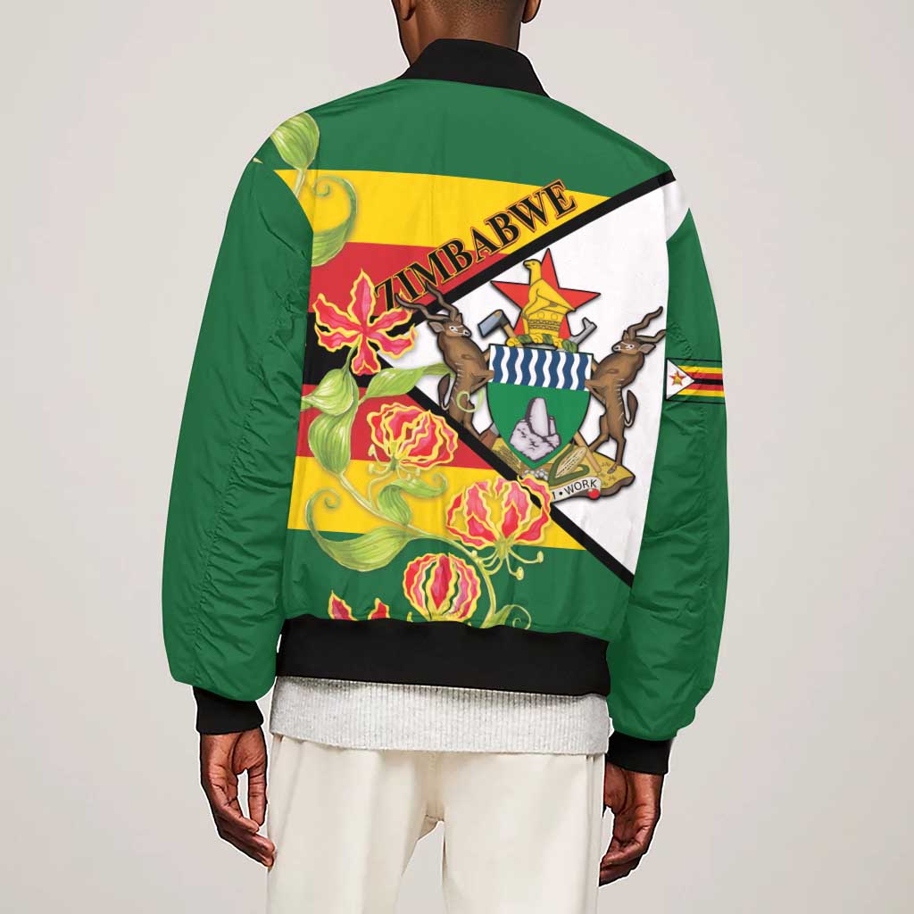 Nyika yeZimbabwe Sleeve Zip Bomber Jacket Happy Independence Day - Flame Lily Flowers