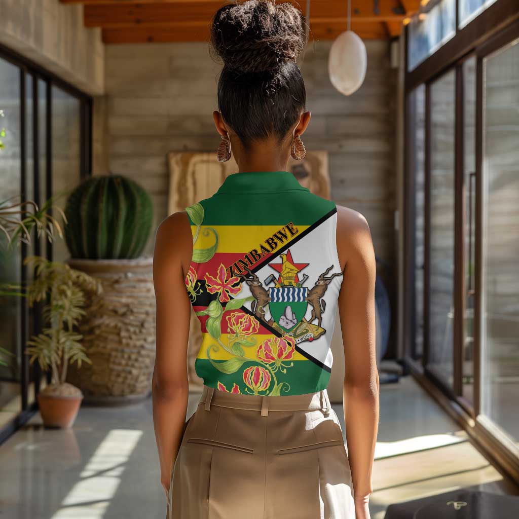 Nyika yeZimbabwe Women Sleeveless Polo Shirt Happy Independence Day - Flame Lily Flowers