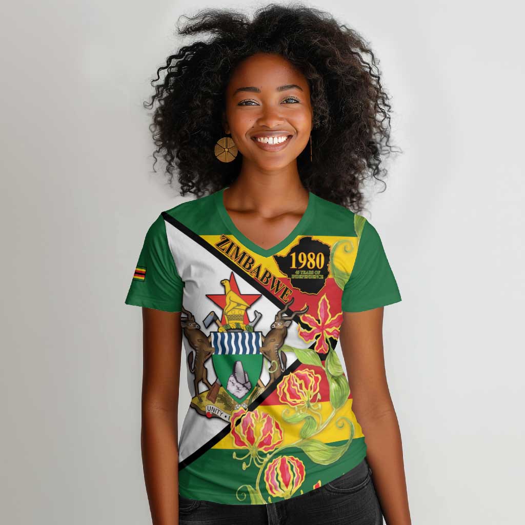 Nyika yeZimbabwe Women V-Neck T-Shirt Happy Independence Day - Flame Lily Flowers