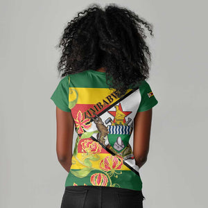 Nyika yeZimbabwe Women V-Neck T-Shirt Happy Independence Day - Flame Lily Flowers