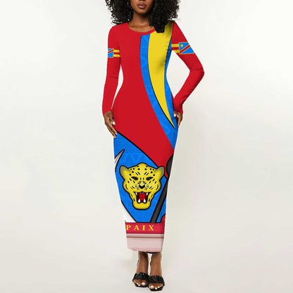Personalised Democratic Republic of the Congo Independence Day Long Sleeve Bodycon Dress Coat Of Arms Happy 30 June LT14