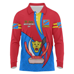 Personalised Democratic Republic of the Congo Independence Day Long Sleeve Polo Shirt Coat Of Arms Happy 30 June