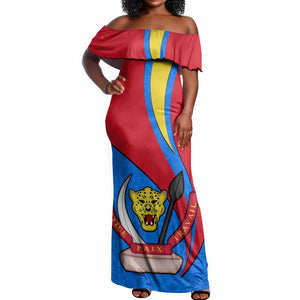 Personalised Democratic Republic of the Congo Independence Day Off Shoulder Maxi Dress Coat Of Arms Happy 30 June