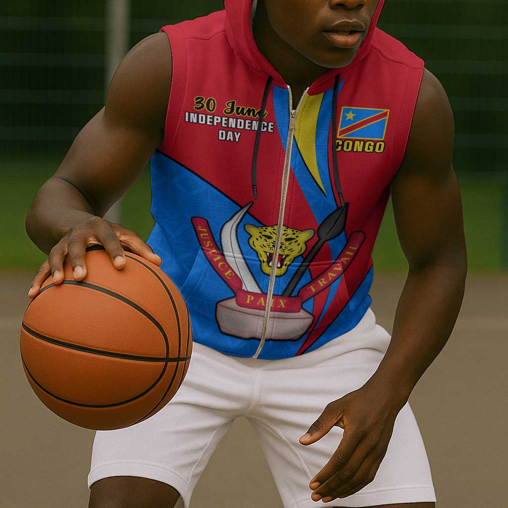 Personalised Democratic Republic of the Congo Independence Day Sleeveless Zip Hoodie Coat Of Arms Happy 30 June - African Pride