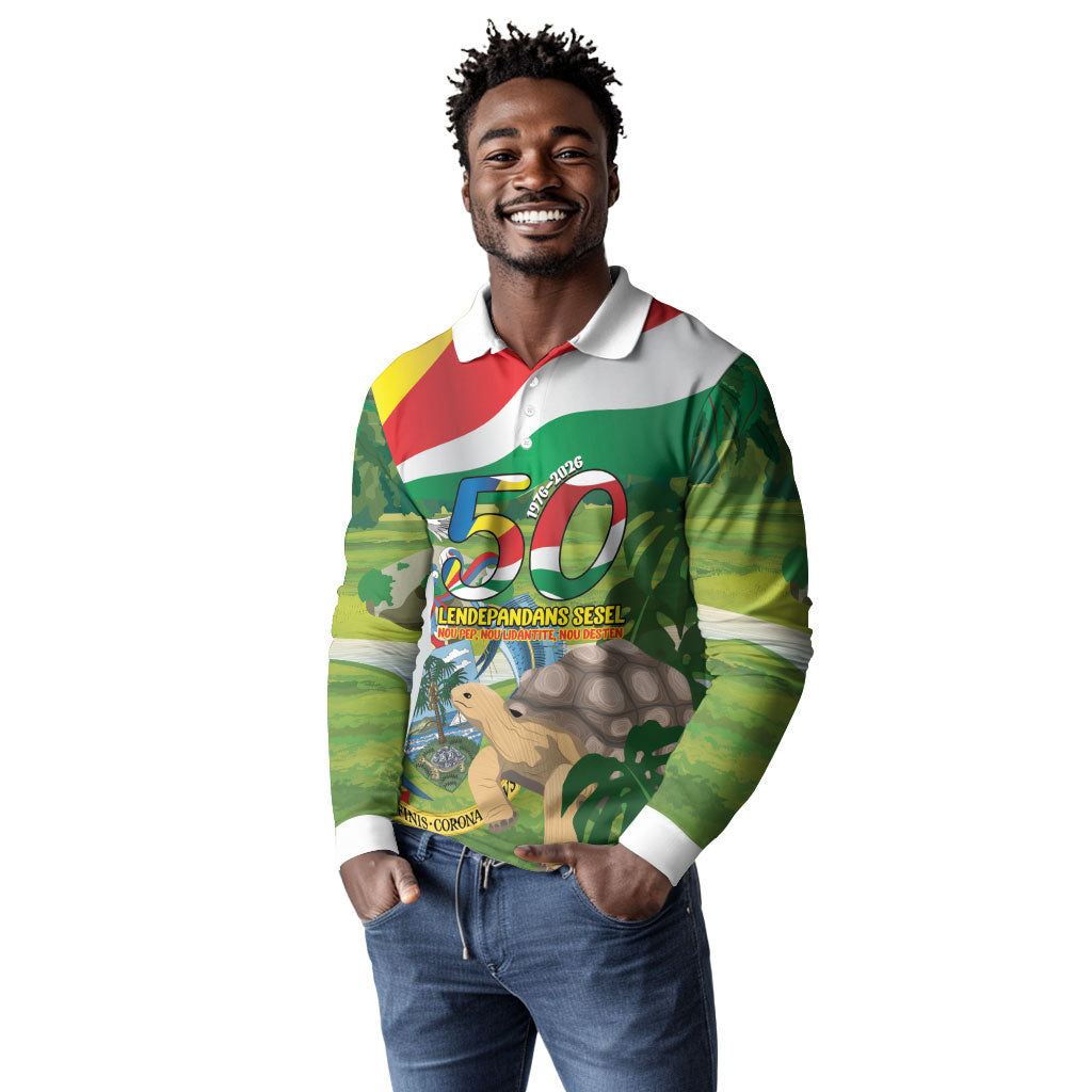 Seychelles National Day Personalized Long Sleeve Polo Shirt 50 Years Anniversary Lendepandans Sesel