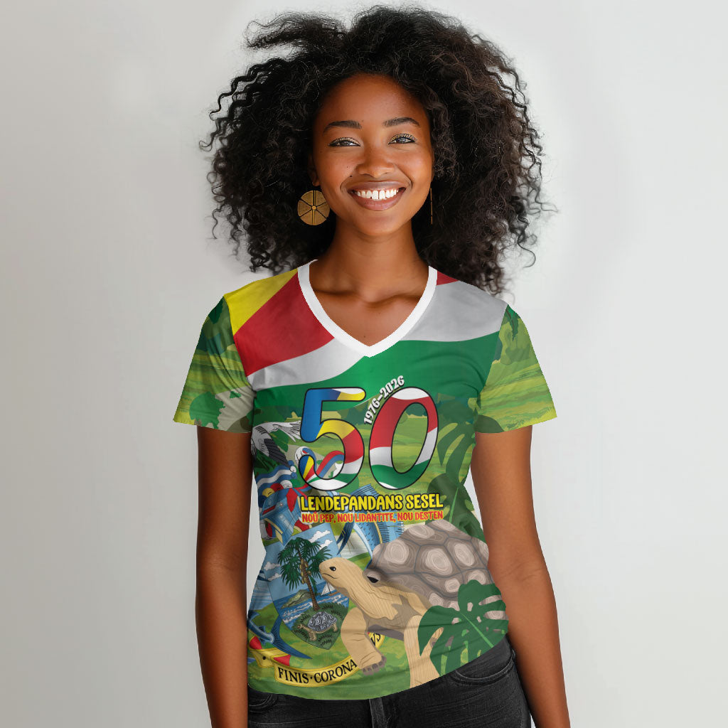 Seychelles National Day Personalized Women V-Neck T-Shirt 50 Years Anniversary Lendepandans Sesel