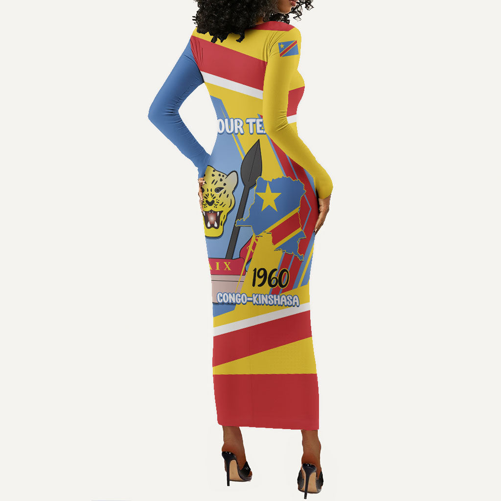 DR Congo Independence Day Personalized Long Sleeve Bodycon Dress Congo-Kinshasa Coat Of Arms Style