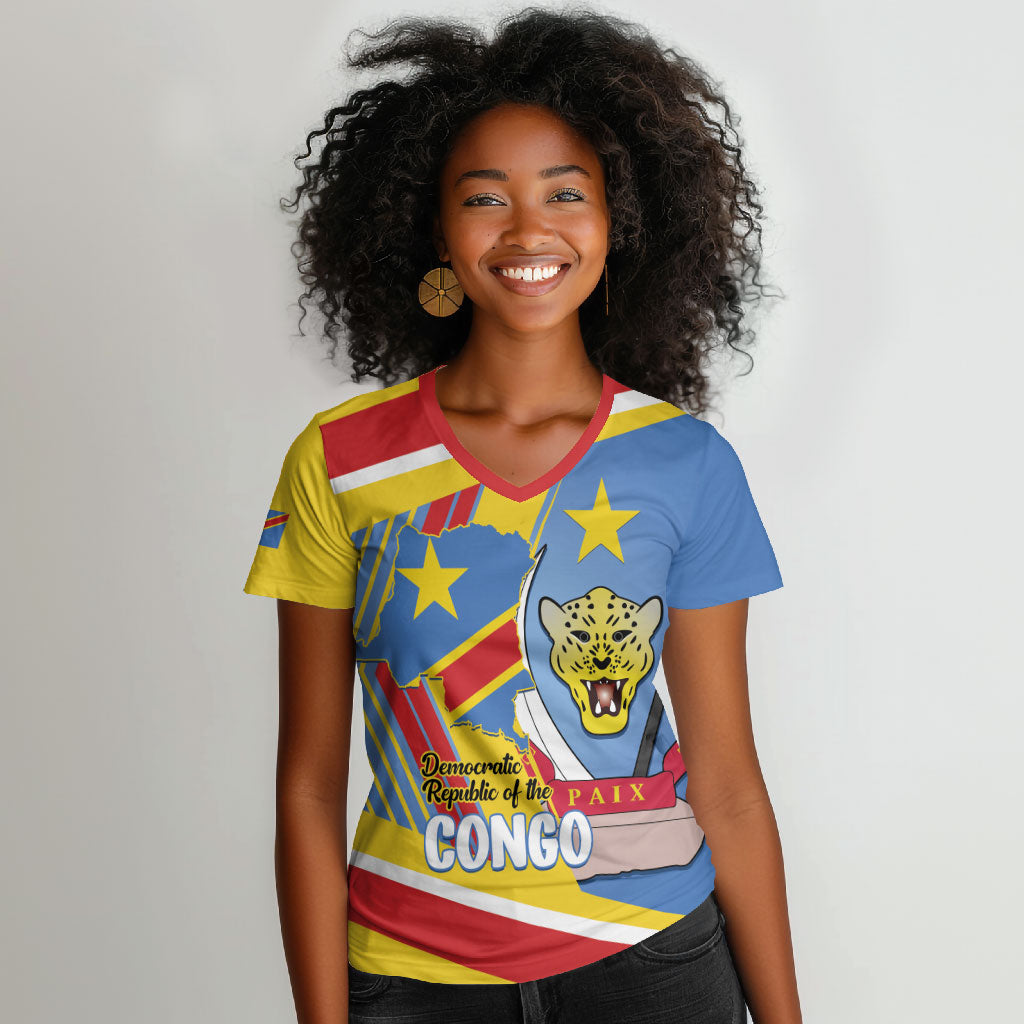 DR Congo Independence Day Personalized Women V-Neck T-Shirt Congo-Kinshasa Coat Of Arms Style