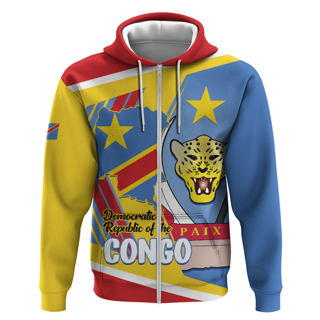 DR Congo Independence Day Personalized Zip Hoodie Congo-Kinshasa Coat Of Arms Style