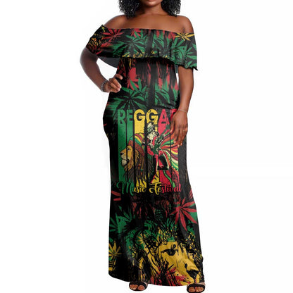 Jamaica Reggae Festival Off Shoulder Maxi Dress One Love Rastafari Culture - African Pride