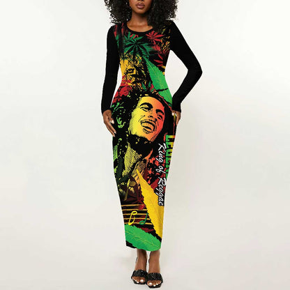 King Of Reggae Legend Bob Long Sleeve Bodycon Dress Rasta Cannabis - African Pride