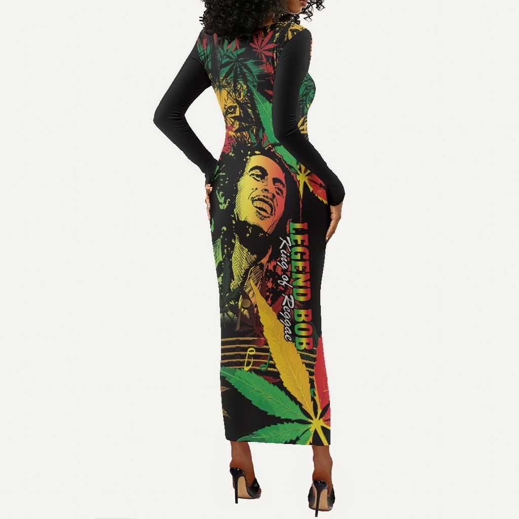 King Of Reggae Legend Bob Long Sleeve Bodycon Dress Rasta Cannabis - African Pride