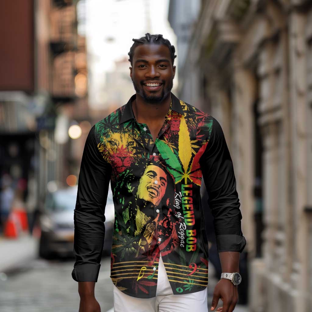King Of Reggae Legend Bob Long Sleeve Button Shirt Rasta Cannabis - African Pride