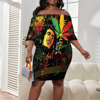 King Of Reggae Legend Bob Off Shoulder Short Dress Rasta Cannabis - African Pride