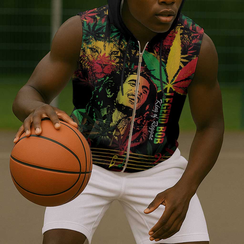King Of Reggae Legend Bob Sleeveless Zip Hoodie Rasta Cannabis - African Pride