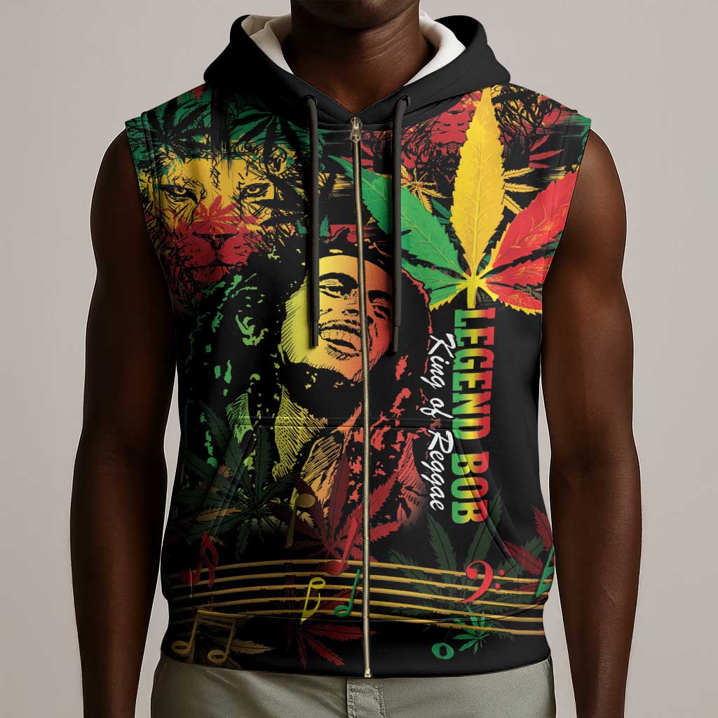 King Of Reggae Legend Bob Sleeveless Zip Hoodie Rasta Cannabis - African Pride