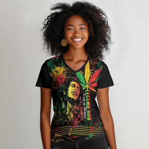 King Of Reggae Legend Bob Women V-Neck T-Shirt Rasta Cannabis - African Pride