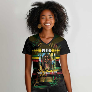 Jamaica Reggae Legend Tosh Women V-Neck T-Shirt Cannabis Pattern - African Pride
