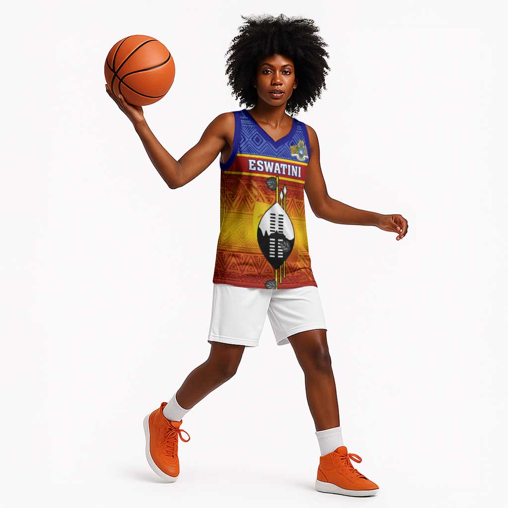 Personalised Eswatini Independence Day Basketball Jersey Swaziland Nguni Shield Gradient African Pattern - African Pride