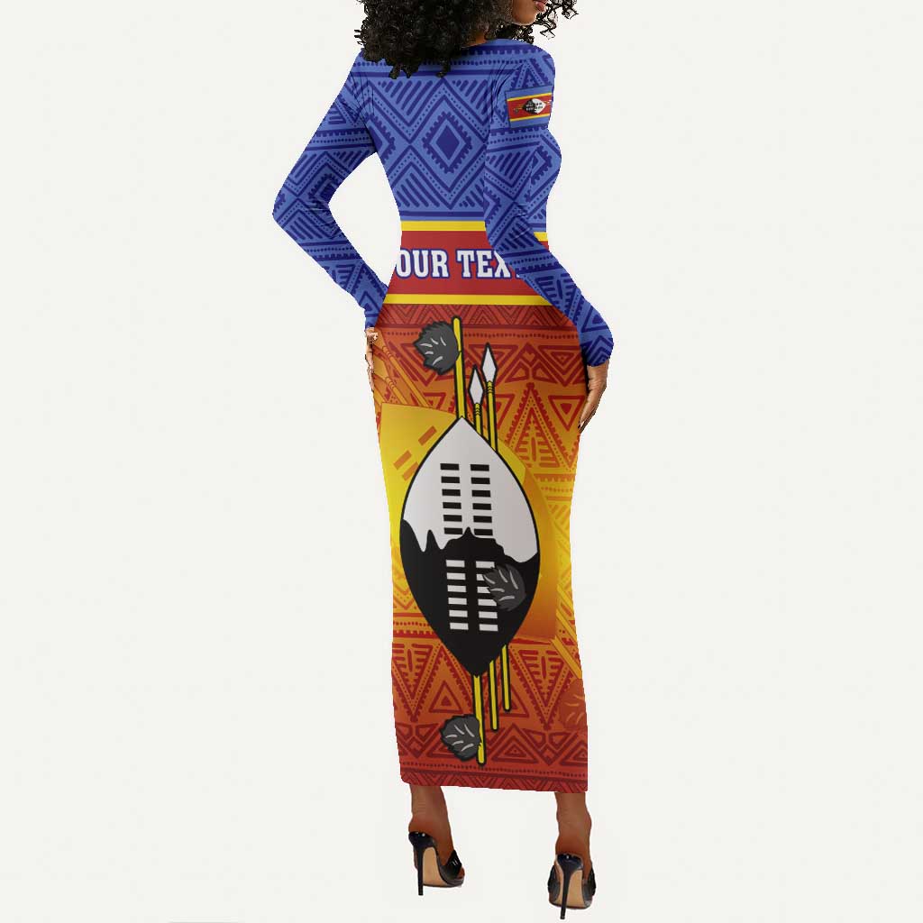 Personalised Eswatini Independence Day Long Sleeve Bodycon Dress Swaziland Nguni Shield Gradient African Pattern LT14