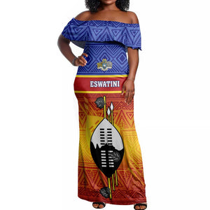 Personalised Eswatini Independence Day Off Shoulder Maxi Dress Swaziland Nguni Shield Gradient African Pattern