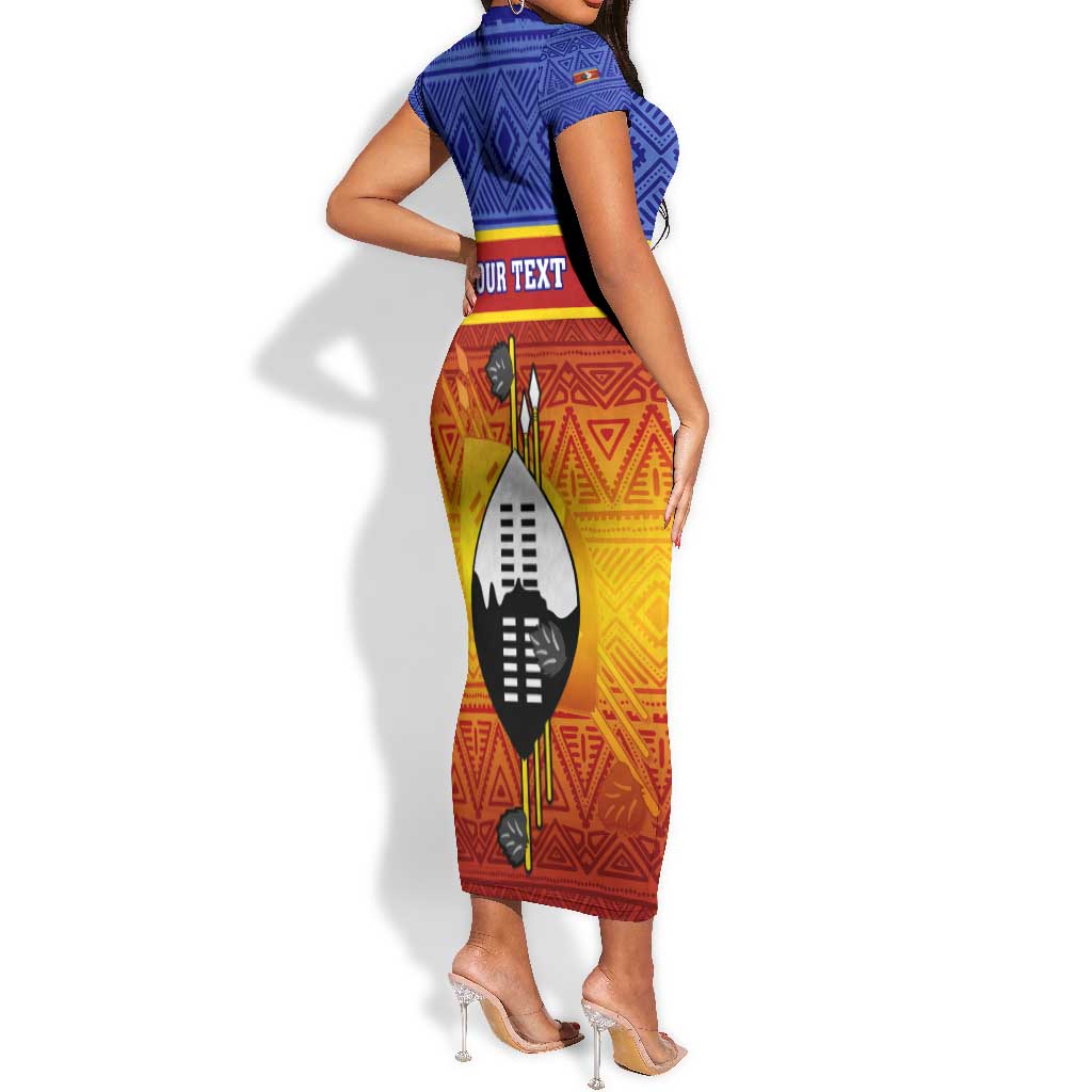 Personalised Eswatini Independence Day Short Sleeve Bodycon Dress Swaziland Nguni Shield Gradient African Pattern LT14