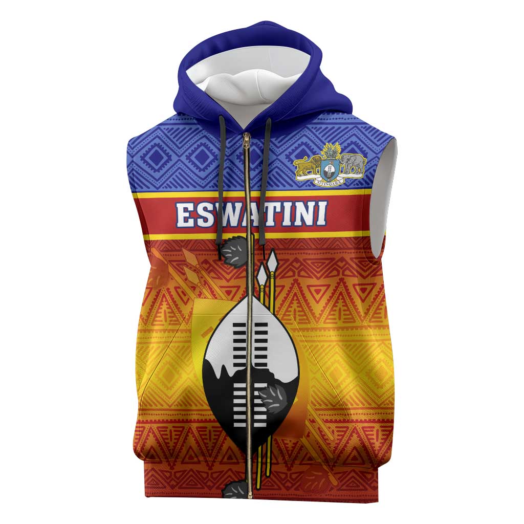 Personalised Eswatini Independence Day Sleeveless Zip Hoodie Swaziland Nguni Shield Gradient African Pattern - African Pride