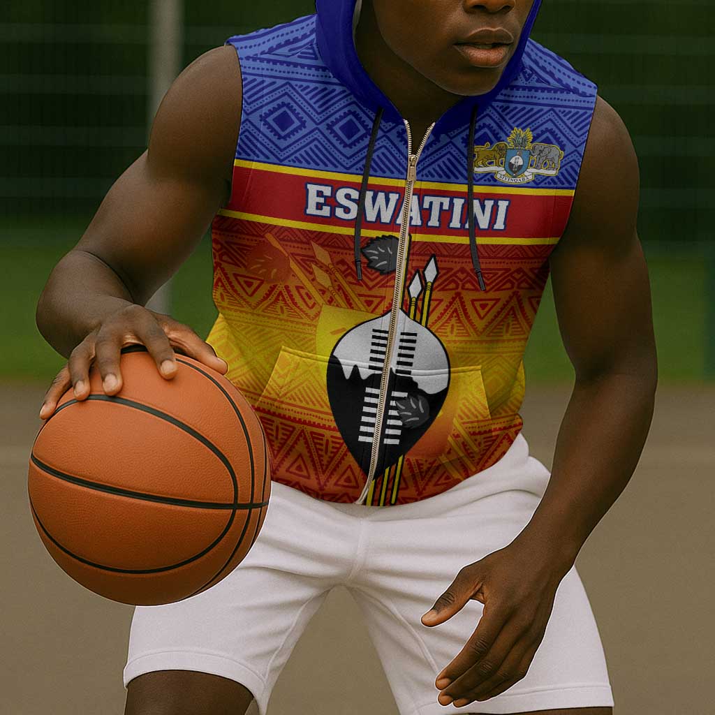 Personalised Eswatini Independence Day Sleeveless Zip Hoodie Swaziland Nguni Shield Gradient African Pattern - African Pride